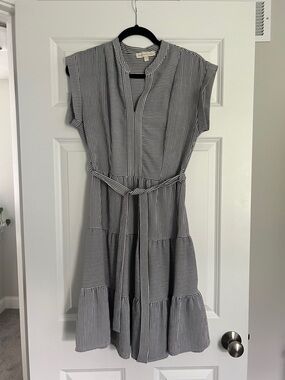 Monteau Black & White Striped Tiered Belted Midi Dress